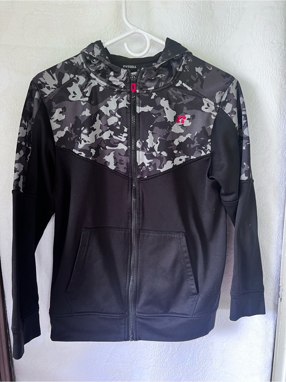 Russell Athletic Black & Gray Camo Zip-Up Hoodie Jacket